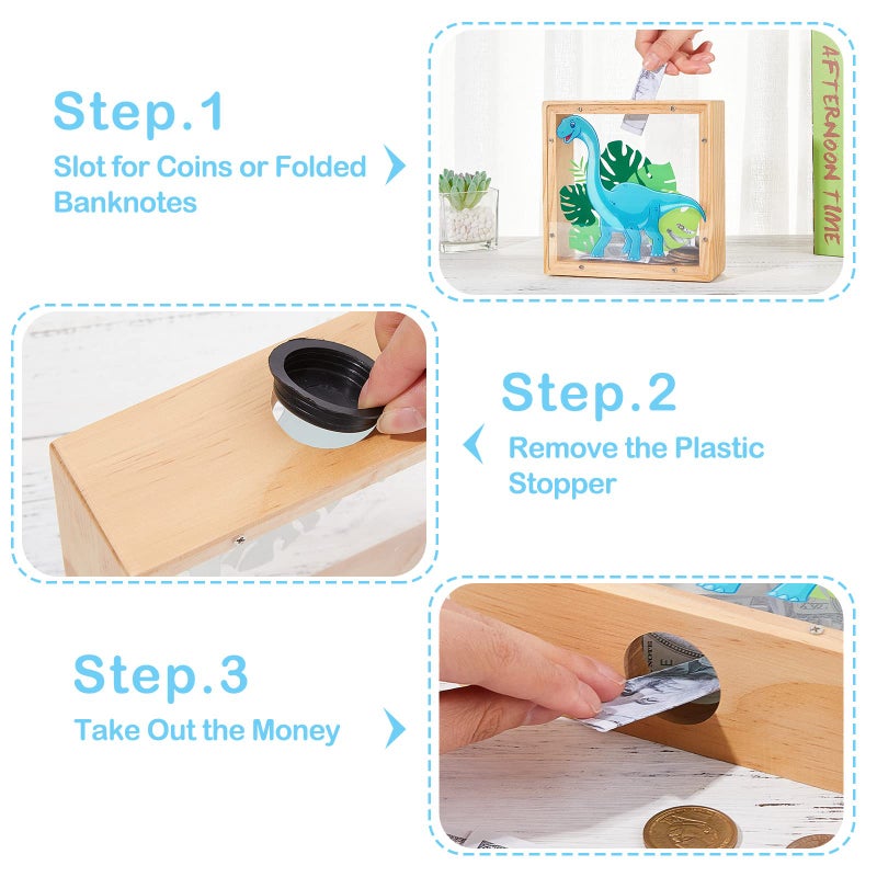 ICOSY Wooden Piggy Bank for Kids Boys Girls, DIY Name Coin Bank Unicorn Dinosaur Money Bank with Letter Stickers - Image 4
